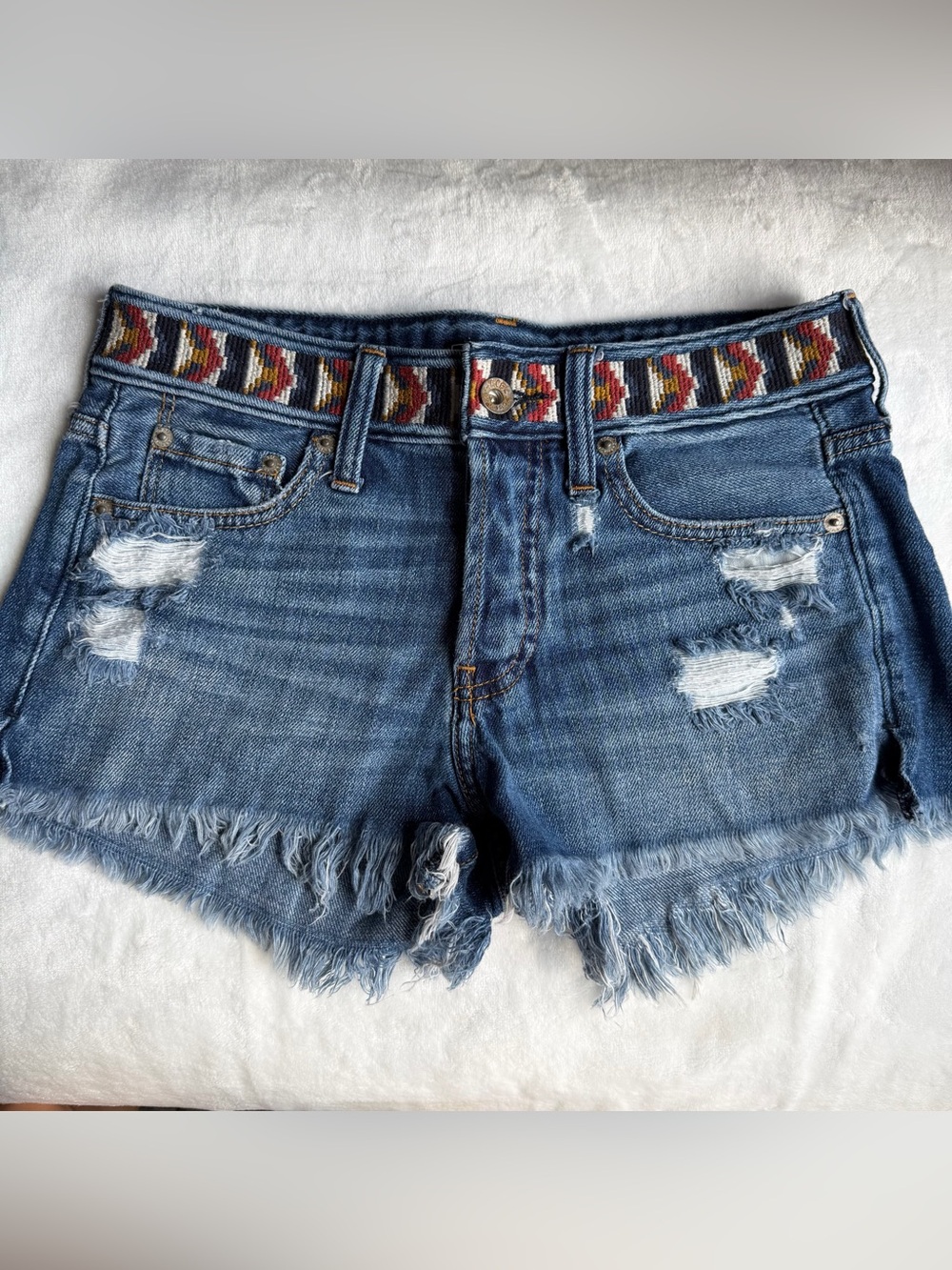 Abercrombie & Fitch Distressed Blue Denim Shorts with Patterned Belt